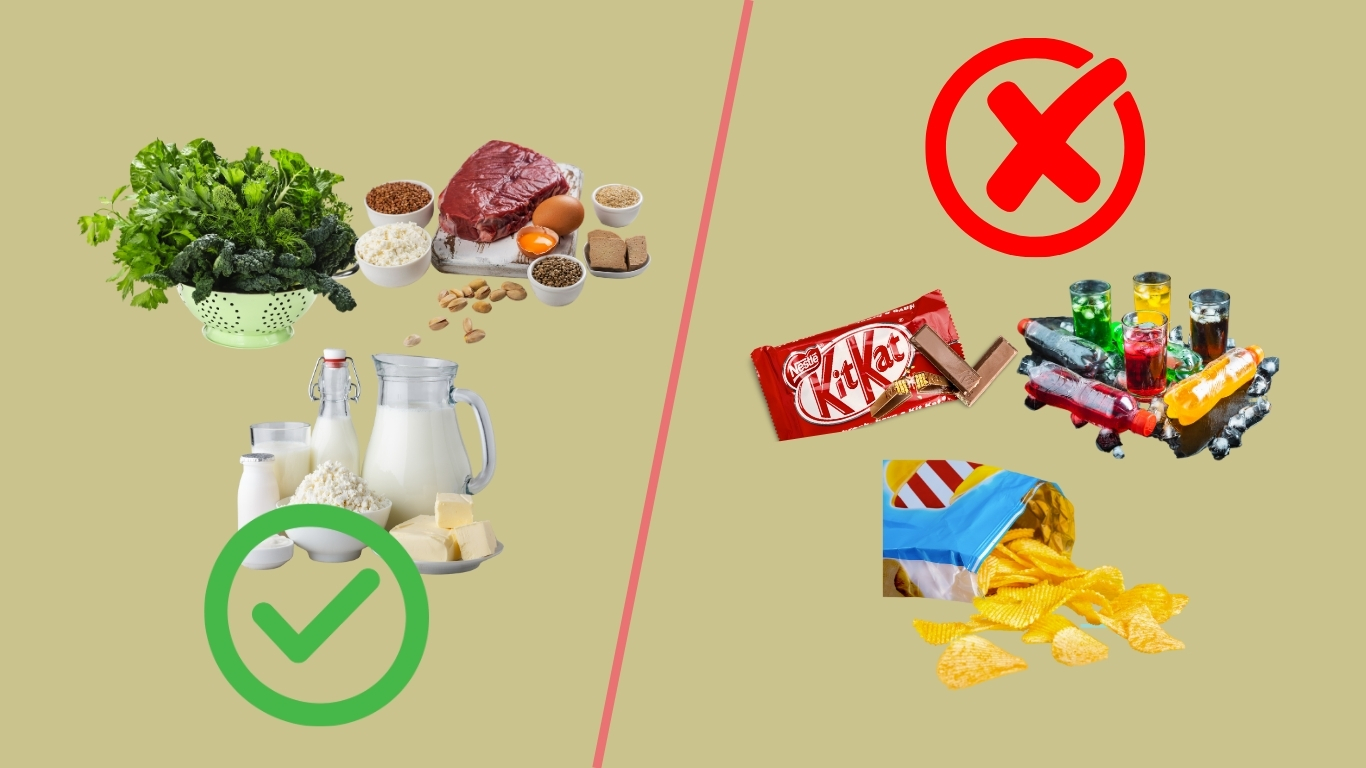 Healthy and unhealthy food choices for children's teeth on a colorful plate